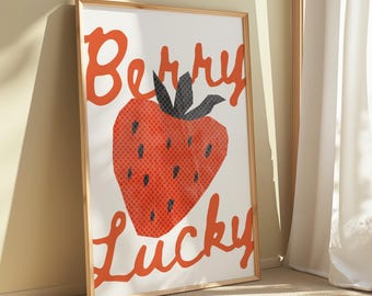 Berry Lucky Strawberry Art Print | Playful Wall Decor | Whimsical Kitchen or Bedroom Wall Poster | Cute Gift Idea