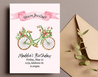 Strawberry Bicycle Birthday Invitation Template – Editable Party Invite | Pink Watercolor Card | Girls Birthday Printable | Instant Download
