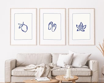 Set of 3 Minimalist Beach Line Art Prints | Coastal Wall Art | Summer Digital Download | Modern Blue Ink Poster Set | Lemon and Starfish