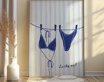 Lucky Me! Bikini Wall Art – Blue Line Art Swimsuit Poster, Beachy Digital Print, Summer Wall Decor, Instant Download
