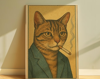 Silly Vintage-Style Painting of Tabby Cat Smoking Cigarette