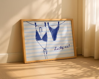 Lucky Me! Bikini Wall Art – Blue Line Art Swimsuit Poster, Beachy Print, Summer Wall Decor, Landscape Style