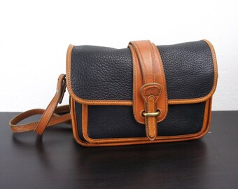 Vintage Dooney & Bourke Small Pocket Equestrian, Navy with British Tan Trim All Weather Leather, Small East West Shoulder Bag, Purse, 050079