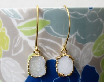 Tiny White Druzy Pendant Drop Earrings, Handmade Gold Crystal Jewelry 450212