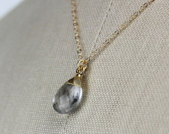 Teardrop Crystal Quartz Briolette Pendant, Small Gold Necklace, Electroplated with 14K Gold, 16 Inch Chain Handmade Necklace Crystal 450336