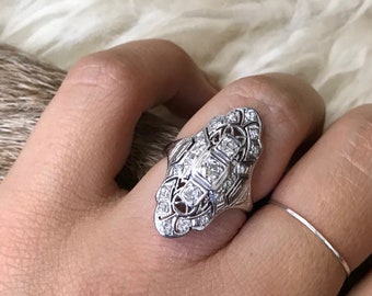 Antique Art Deco White Gold and Diamond Ring, Size 5.5 Engagement, Wedding Ring, Cocktail Ring, 1930s Vintage .5 Carat Total Diamonds 440016