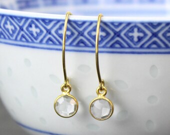 Tiny Round Crystal Quartz Gold Drop Earrings, Simple Handmade Jewelry 451072