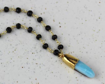Blue Dragon Vein Agate Pendant with Black Spinel Beaded Chain, Handmade Gold Necklace 450432