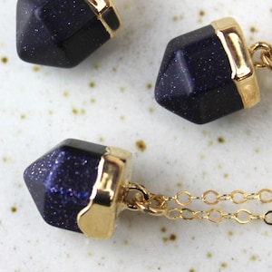 Tiny Blue Goldstone Pendant Necklace, Handmade Gold Necklace with Purple and Blue Glittery Stone 450703