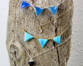 Rainbow Moonstone Triangle Trio Pennant Necklace, Handmade Geometric Gold Jewelry 450824