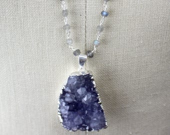 Lila Amethyst Druzy Anhänger, handgemachte lange Silberkette mit 30-Zoll-Labradorit Perlen Kette 450478