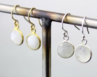 Handmade 8mm Small Round Rainbow Moonstone Drop Earrings in Silver or Gold 450615