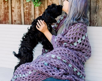 Handmade Purple and Turquoise Blue Crochet Afghan Blanket, Large Size for a Full or Double Bed with Granny Square Design 480001