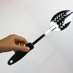 Vintage Black Handled Large Serving Spoon, Steel and Plastic Cooking Utensil 310096