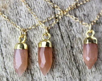 Tiny Pink Moonstone Spike Pendant, Handmade Short Gold Necklace 450506