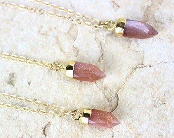 Tiny Pink Moonstone Spike Pendant, Handmade 30 Inch Long Gold Necklace 450539