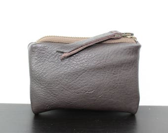 Handmade Dark Brown Zipper Pouch, Recycled Leather Organizer Bag, Coin Purse 730007