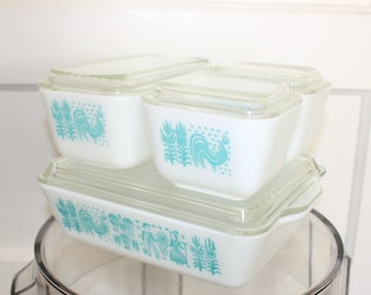 Vintage Complete Set of Four Turquoise Butterprint Pyrex Baking Dishes, Refrigerator Storage Containers 190023