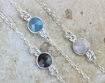 Tiny Round Crystal Handmade Silver Connector Necklace, 6mm Faceted Rainbow Moonstone, Blue Chalcedony, Labradorite