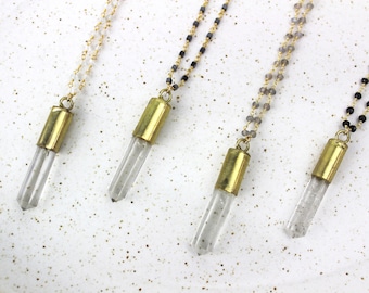 Crystal Quartz Bullet Point Pendant, Handmade 30 Inch Long Gold Necklace with Crystal Beaded Chain 450473