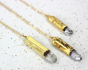 Pencil Point Clear Crystal Quartz Pendant, Handmade 30 Inch Long Gold Necklace  450469