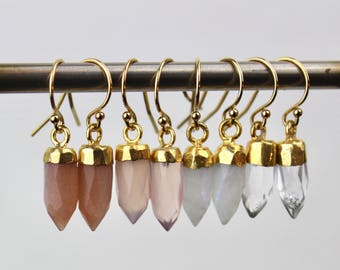 Tiny Crystal Spike Gold Drop Earrings, Handmade with Pink Goldstone, Chalcedony, Moonstone, or Quartz