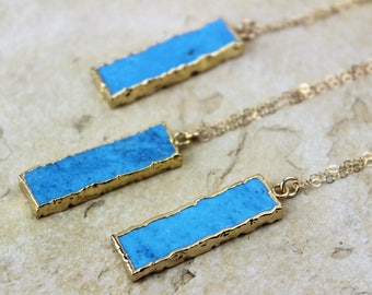 Rectangular Turquoise Slice Pendant Gold Necklace 16 or 30 Inch, Simple Handmade MTO