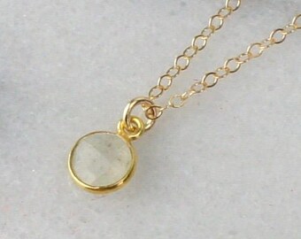 Tiny Round Moonstone Pendant, Handmade 16 Inch Short Gold Necklace 450304