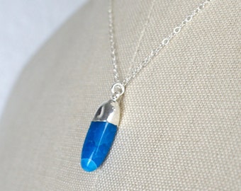 Blue Dragon Vein Agate Pendant, Handmade 16 Inch Short Silver Necklace 450280