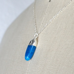 Blue Dragon Vein Agate Pendant, Handmade 16 Inch Short Silver Necklace 450280