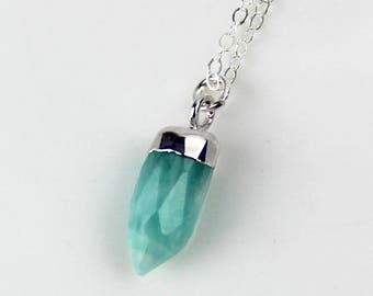 Tiny Amazonite Spike Pendant, Handmade 16 Inch Short Silver Necklace 450922