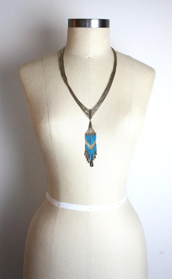 Vintage Silver and Turquoise Fringed Boho Necklac… - image 5