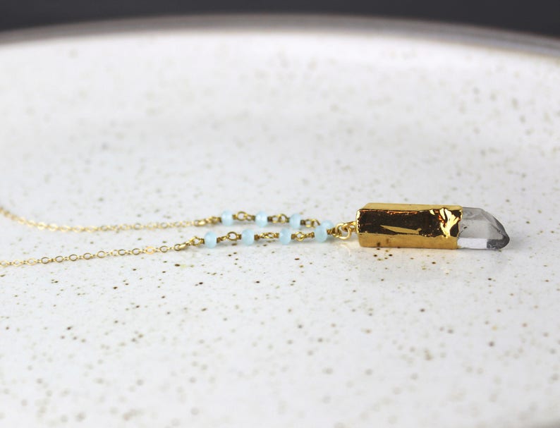 Handmade Long Gold Necklace with Aqua Blue Chalcedony Beaded Chain 450439 Crystal Quartz Pencil Point Pendant