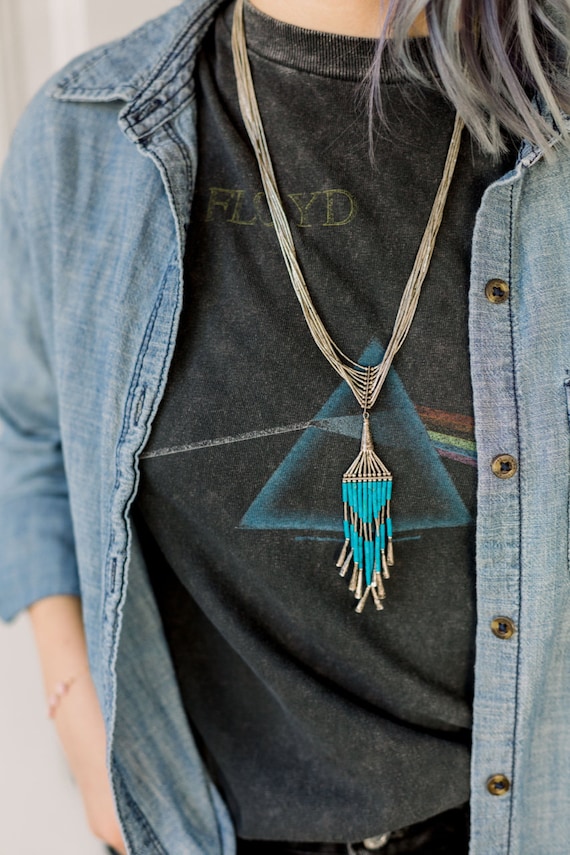 Vintage Silver and Turquoise Fringed Boho Necklac… - image 1