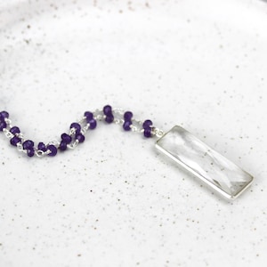 Crystal Quartz Bar Pendant with Amethyst Beaded Chain, Handmade Silver Necklace 450424