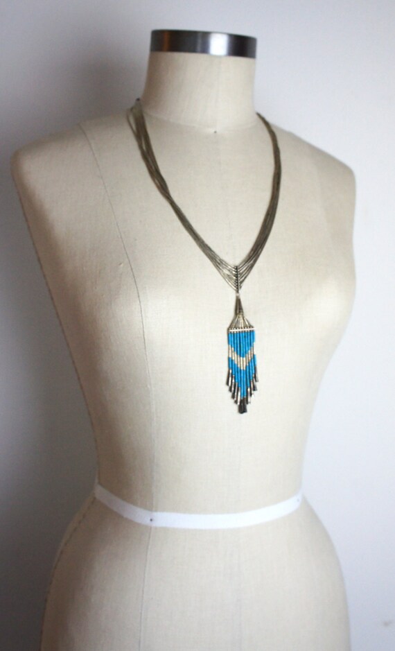 Vintage Silver and Turquoise Fringed Boho Necklac… - image 4