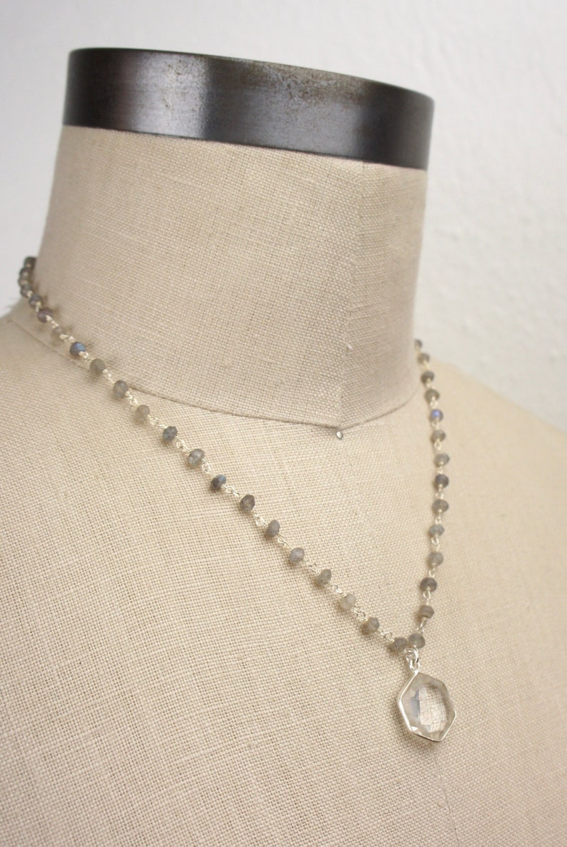 Handmade Silver Necklace 450231 Crystal Quartz Hexagon Pendant with Labradorite Beaded Sterling Chain