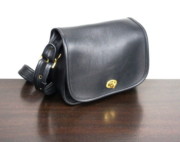 Vintage Coach Trail Bag, Black Leather, Small Messenger Purse, Wide