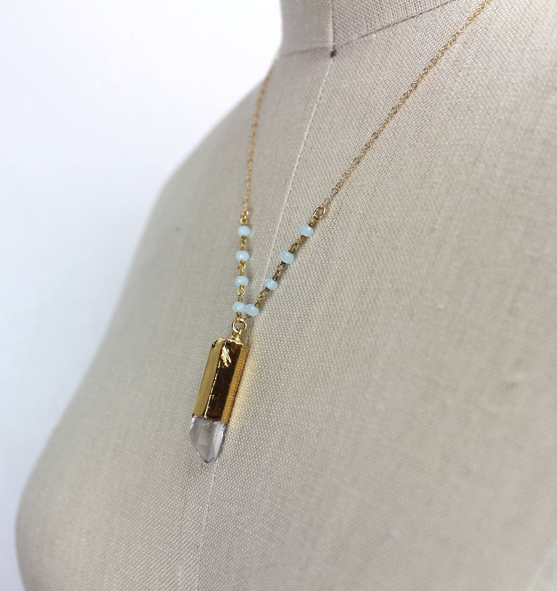 Handmade Long Gold Necklace with Aqua Blue Chalcedony Beaded Chain 450439 Crystal Quartz Pencil Point Pendant