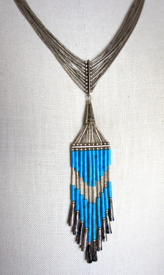 Vintage Silver and Turquoise Fringed Boho Necklac… - image 10