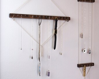 Handmade Geometric Jewelry Tension Hanger, Walnut Stained Wood, Cotton Cord, Narrow, Two Row, 10 Steel Hooks Accessory Organization 410003