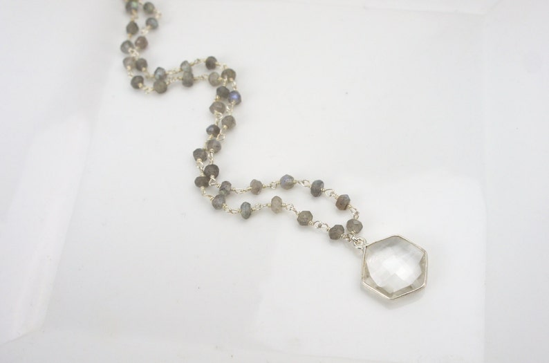Handmade Silver Necklace 450231 Crystal Quartz Hexagon Pendant with Labradorite Beaded Sterling Chain