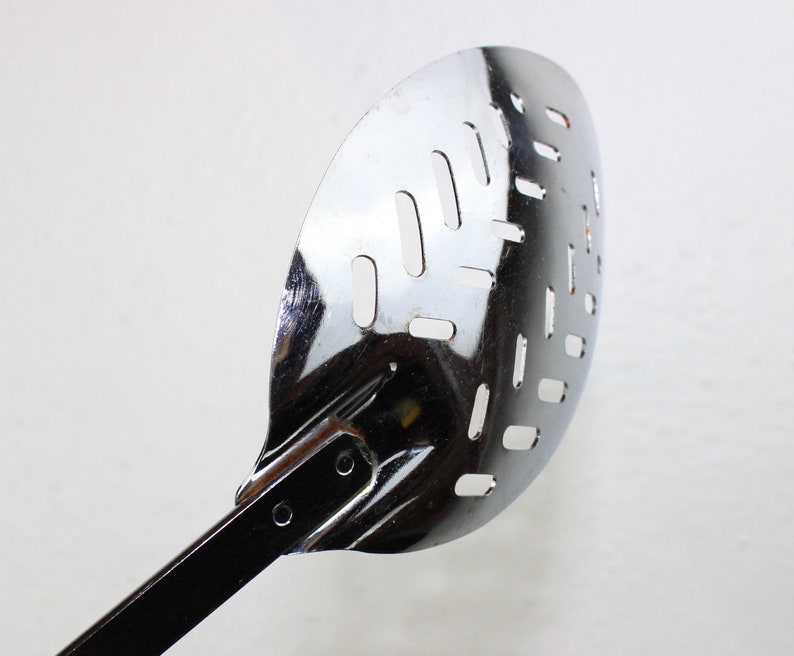 Vintage Black Handled Large Serving Spoon Steel and Plastic Cooking Utensil 310096
