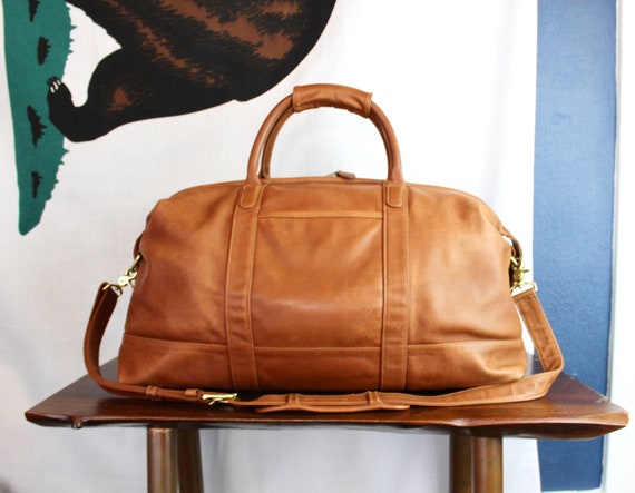 tan leather weekender bag