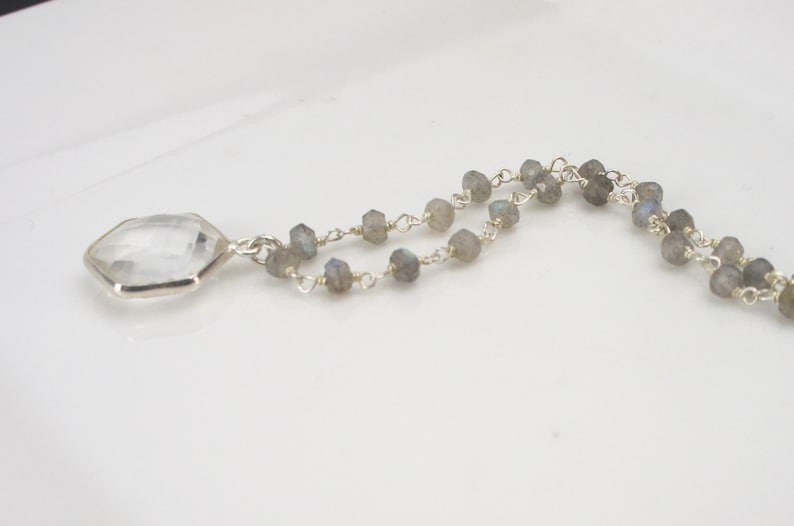 Handmade Silver Necklace 450231 Crystal Quartz Hexagon Pendant with Labradorite Beaded Sterling Chain