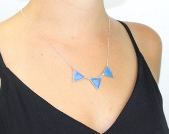 Blue Chalcedony Triangle Trio Pennant Necklace  Handmade Geometric Silver Jewelry 450836