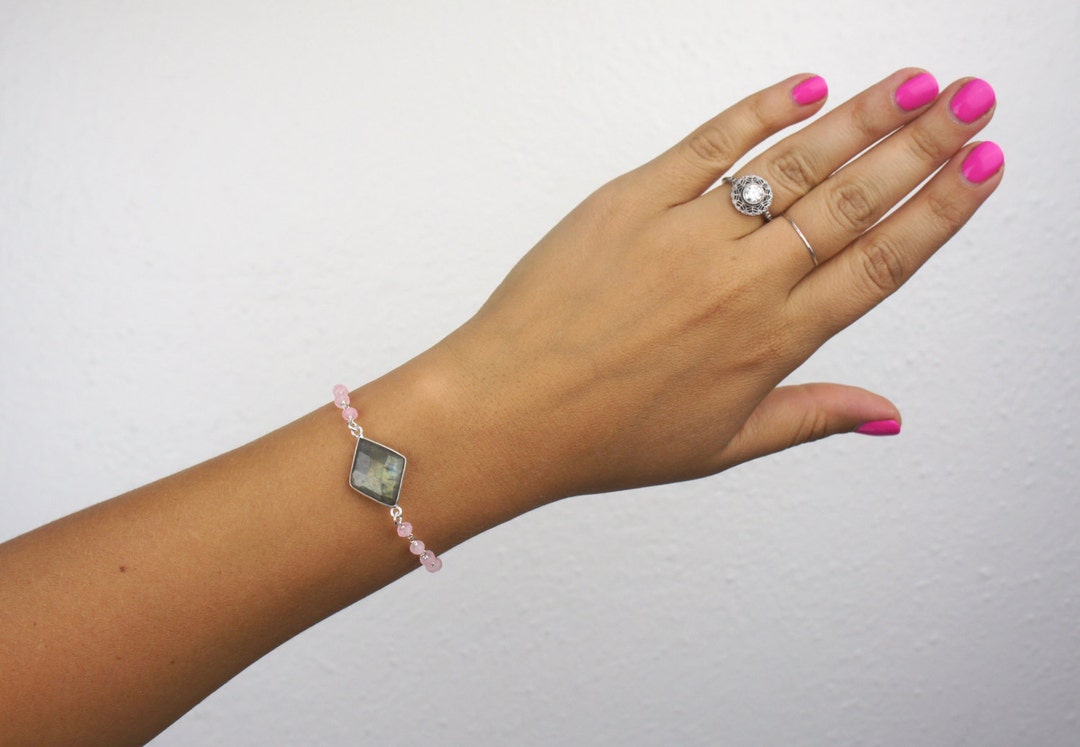 Handmade Diamond Shaped Labradorite Charm Bracelet With Silver