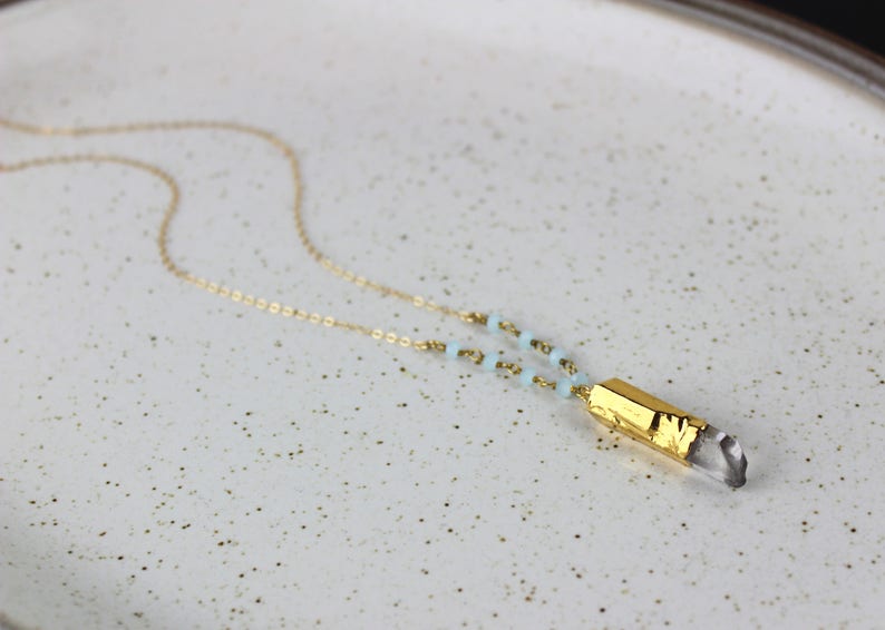 Handmade Long Gold Necklace with Aqua Blue Chalcedony Beaded Chain 450439 Crystal Quartz Pencil Point Pendant
