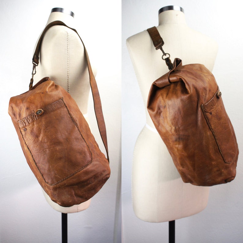 Handmade Vintage Brown Leather Duffel Backpack Sling Bag Boho Etsy