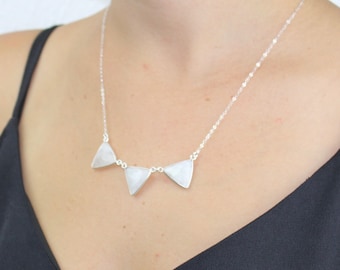 Rainbow Moonstone Triangle Trio Pennant Necklace, Handmade Geometric Silver Jewelry 450832